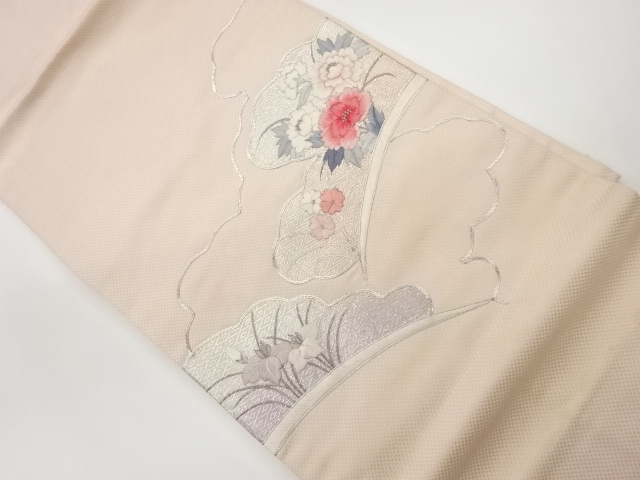 リサイクル　銀駒刺繍雲に花々模様名古屋帯